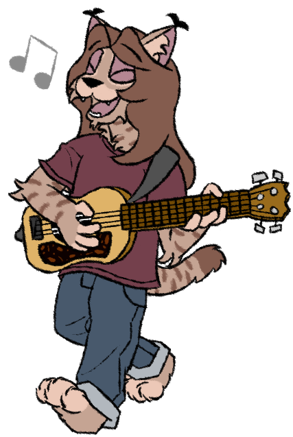 A hippie bobcat Superkitty with a guitar